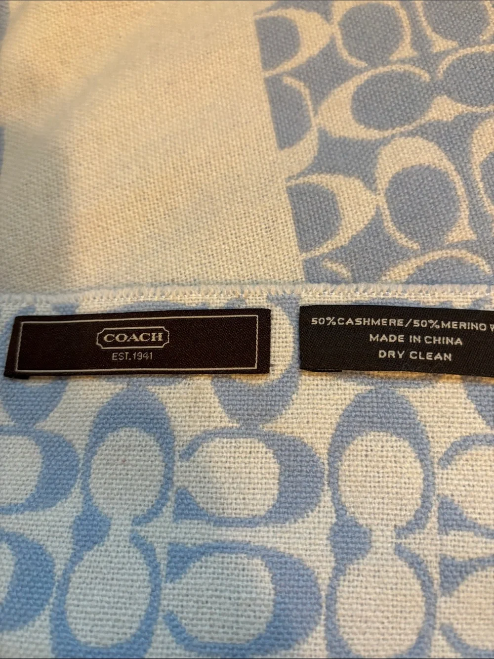 Coach Light Blue & Cream Signature Fringe Scarf - Coach